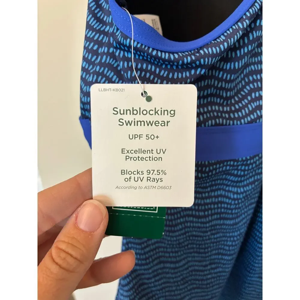 LL Bean NEW ReNew V Neck Tank One Piece Swimsuit Size 18 Blue Print UPF 50